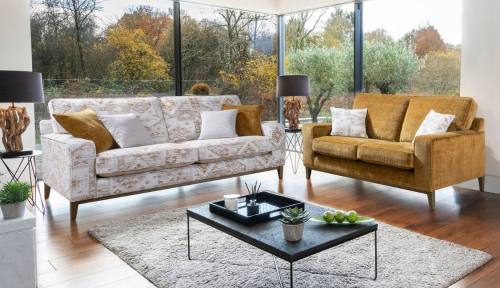 Grand sofa in fabric 4363, large scatter cushions in 4793, small scatter cushions in 4928, dark oak plinth. 2 seater sofa in fabric 4793, small scatter cushions in 4363, dark oak plinth