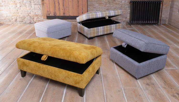 Legged ottoman in 4603. Footstool in 4717 . Ottoman in 4533. Storage stool in 4719