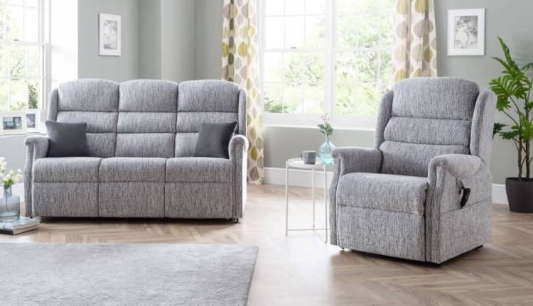 Aintree 3 seater sofa and Riser Recliner Chair shown with \'Cascade\' style backs in fabric Alexandra Park Ripple Steel 