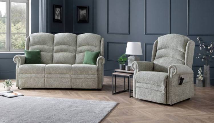 Aintree 3 seater sofa and Riser Recliner Chair shown with \'Cascade\' style backs in fabric Alexandra Park Ripple Steel 