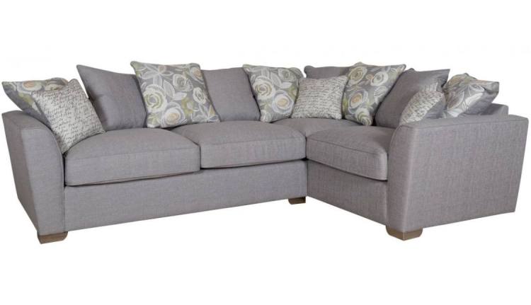 Barley Grey with 5 pillows in Camelia Winter, 4 pillows in main fabric and scatter cushions in Script Grey