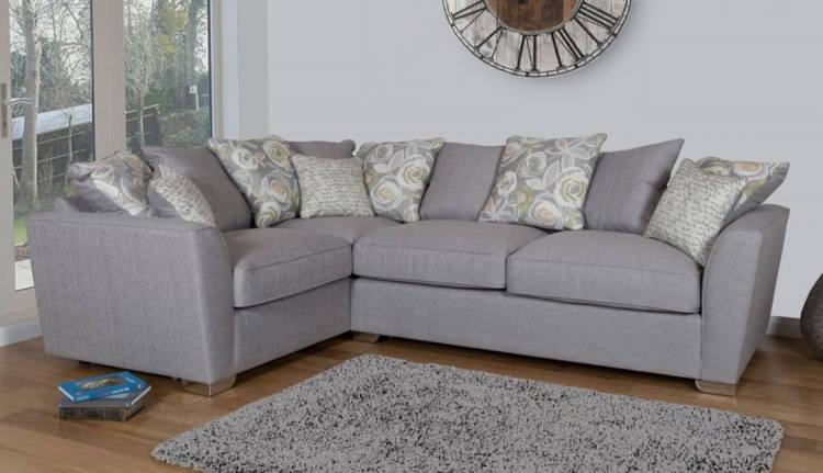 Barley Grey with 5 pillows in Camelia Winter, 4 pillows in main fabric and scatter cushions in Script Grey