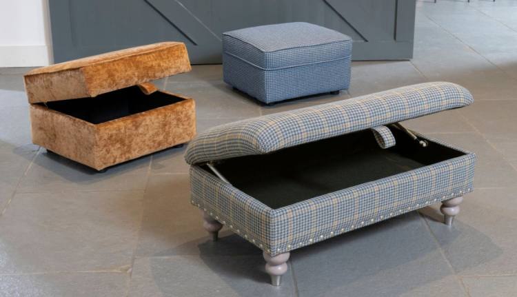 Storage stool in fabric 2743 (supplied on glides), Footstool in fabric 2557 (supplied on glides) and legged ottoman in fabric 2487, grey ash/brushed nickel legs (optional pewter studding). Storage stool and Footstool not available with studs.