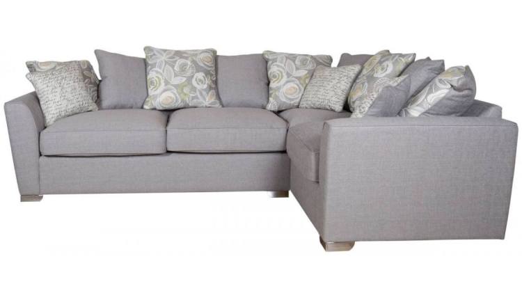 Barley Grey with 5 pillows in Camelia Winter, 4 pillows in main fabric and scatter cushions in Script Grey