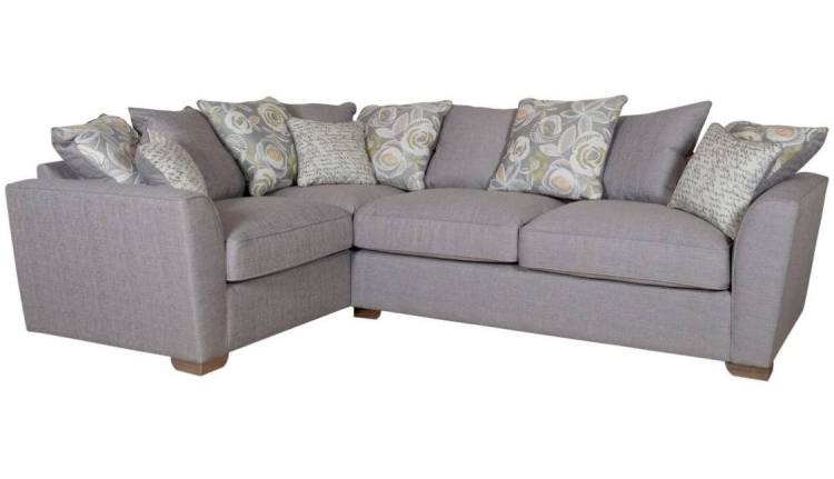 Barley Grey with Pillow cushions in Camelia Winter & main fabric with scatters in Script Grey 