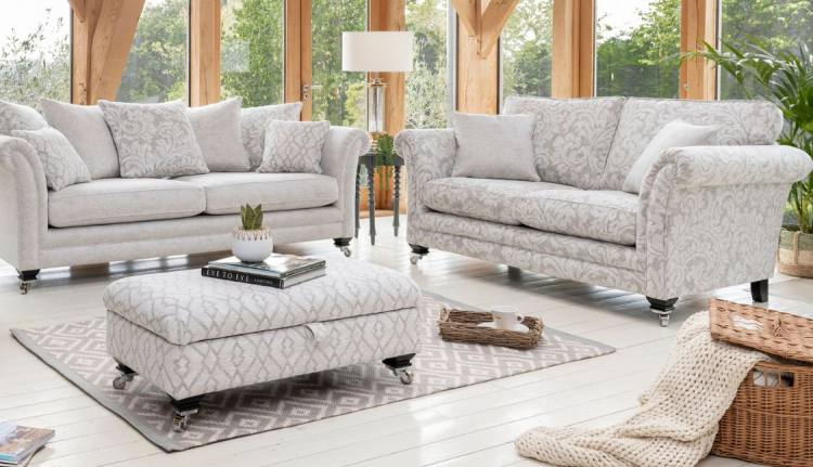 Sofa pictured with Grand sofa & Ottoman in fabrics 2408 (6), 2958 (6) & 2328 (6)  