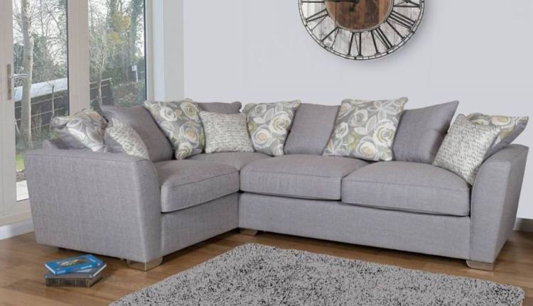 Pictured in Barley Silver with 5 pillows in same fabric, 4 pillows in Camelia Winter and scatter cushions in Script Grey 