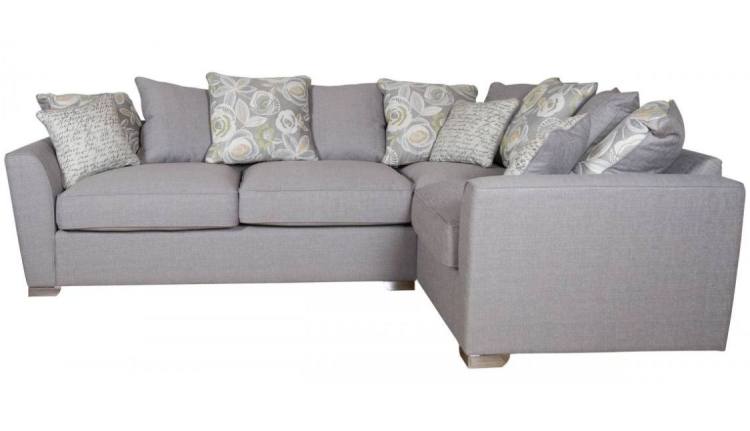 Pictured in Barley Silver with 5 pillows in same fabric, 4 pillows in Camelia Winter and scatter cushions in Script Grey