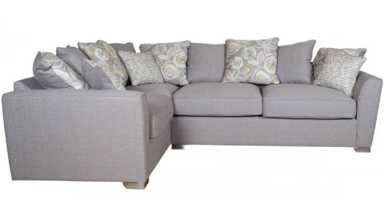 Barley Grey with 5 pillows in Camelia Winter, 4 pillows in main fabric and scatter cushions in Script Grey