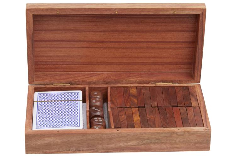 Included is a deck of playing cards, wooden dice and wooden domino pieces.