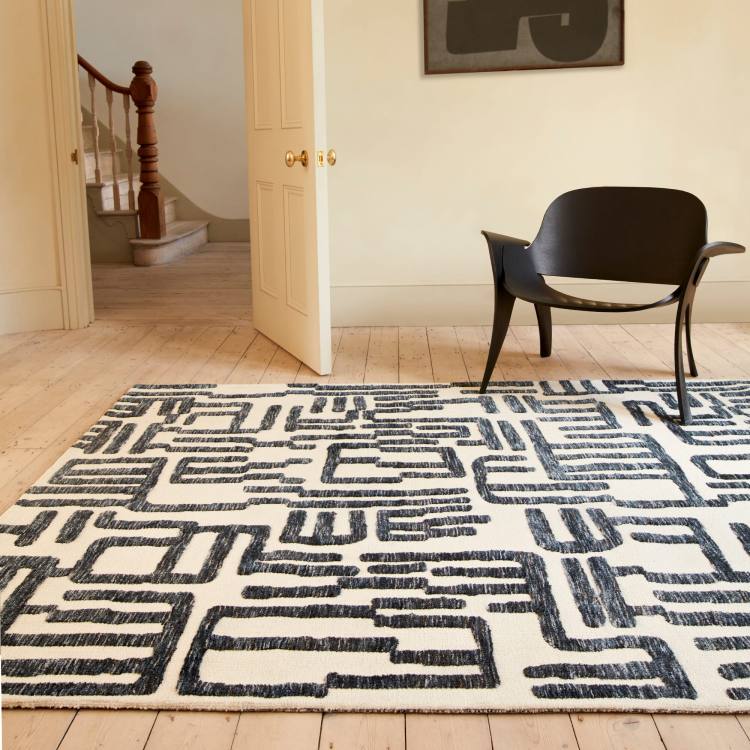 Rivara Cream and Blue Abstract Rug